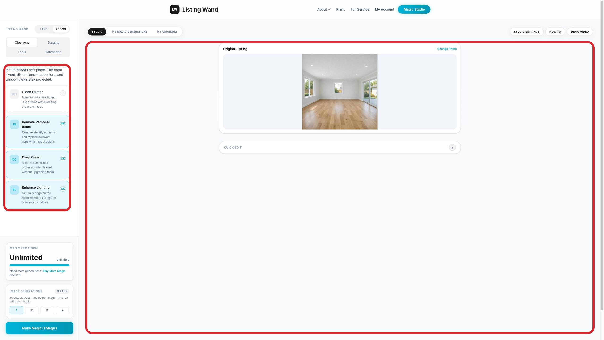 Magic Studio showing room clean-up options highlighted.