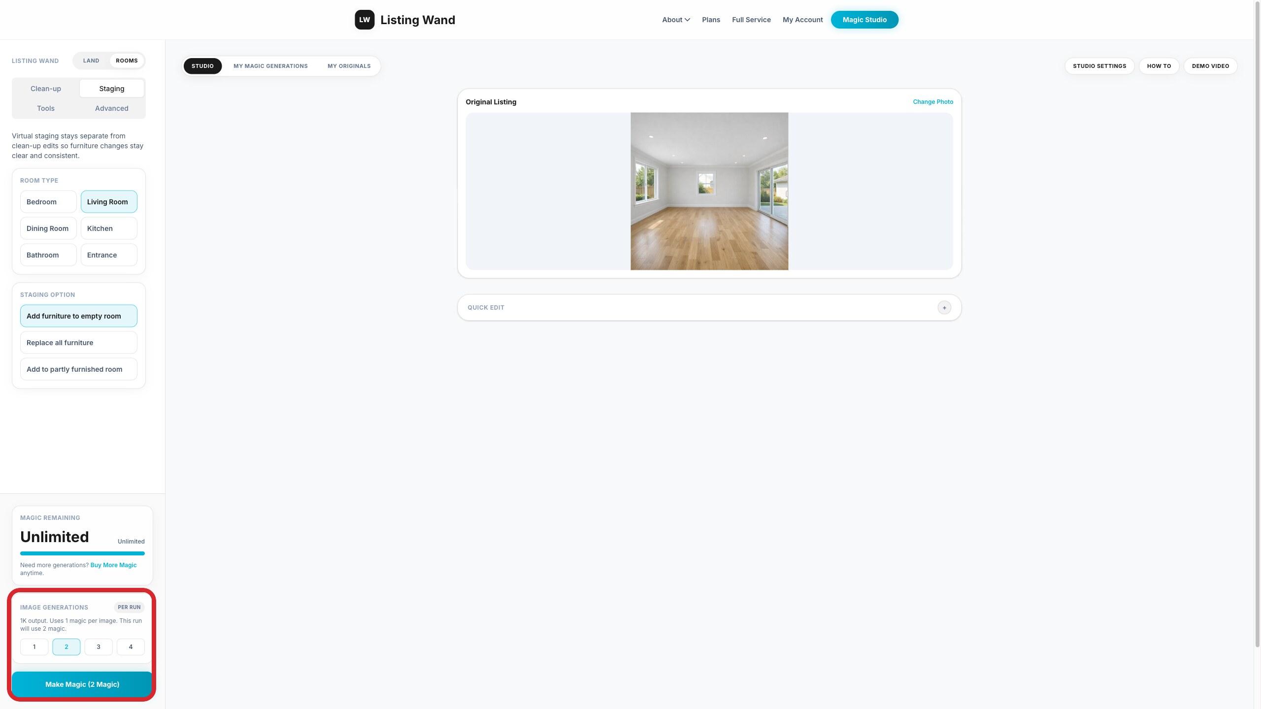 Magic Studio showing Image Generations and Make Magic highlighted for room staging.