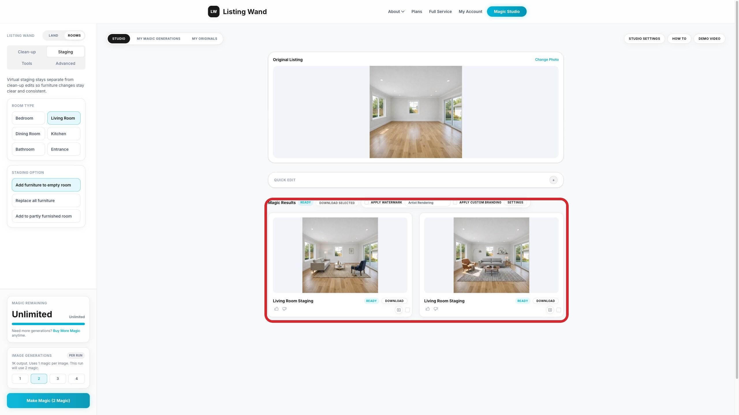 Magic Results showing staged living room outputs and Download buttons highlighted.