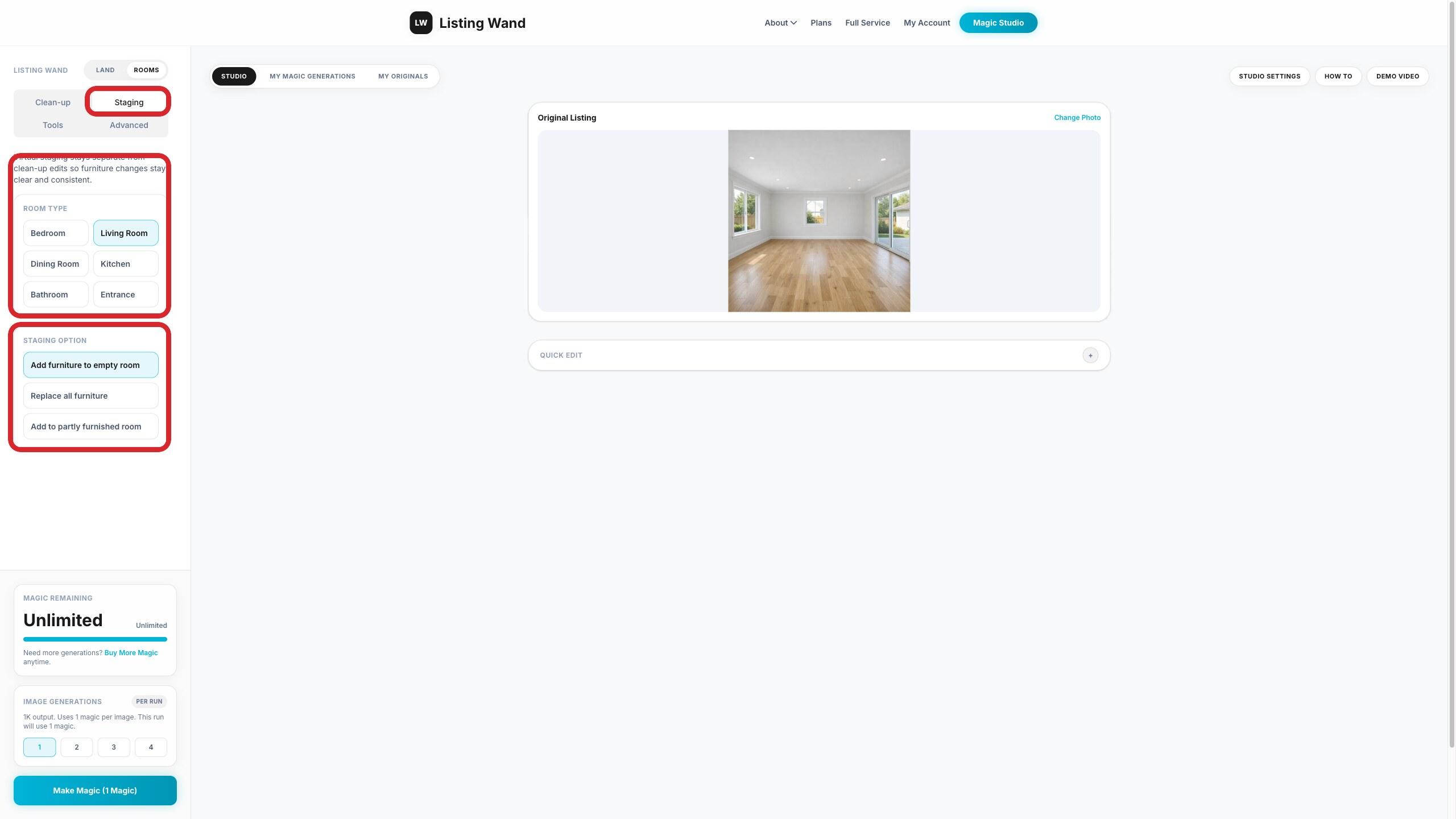 Magic Studio showing room type and staging option controls highlighted.