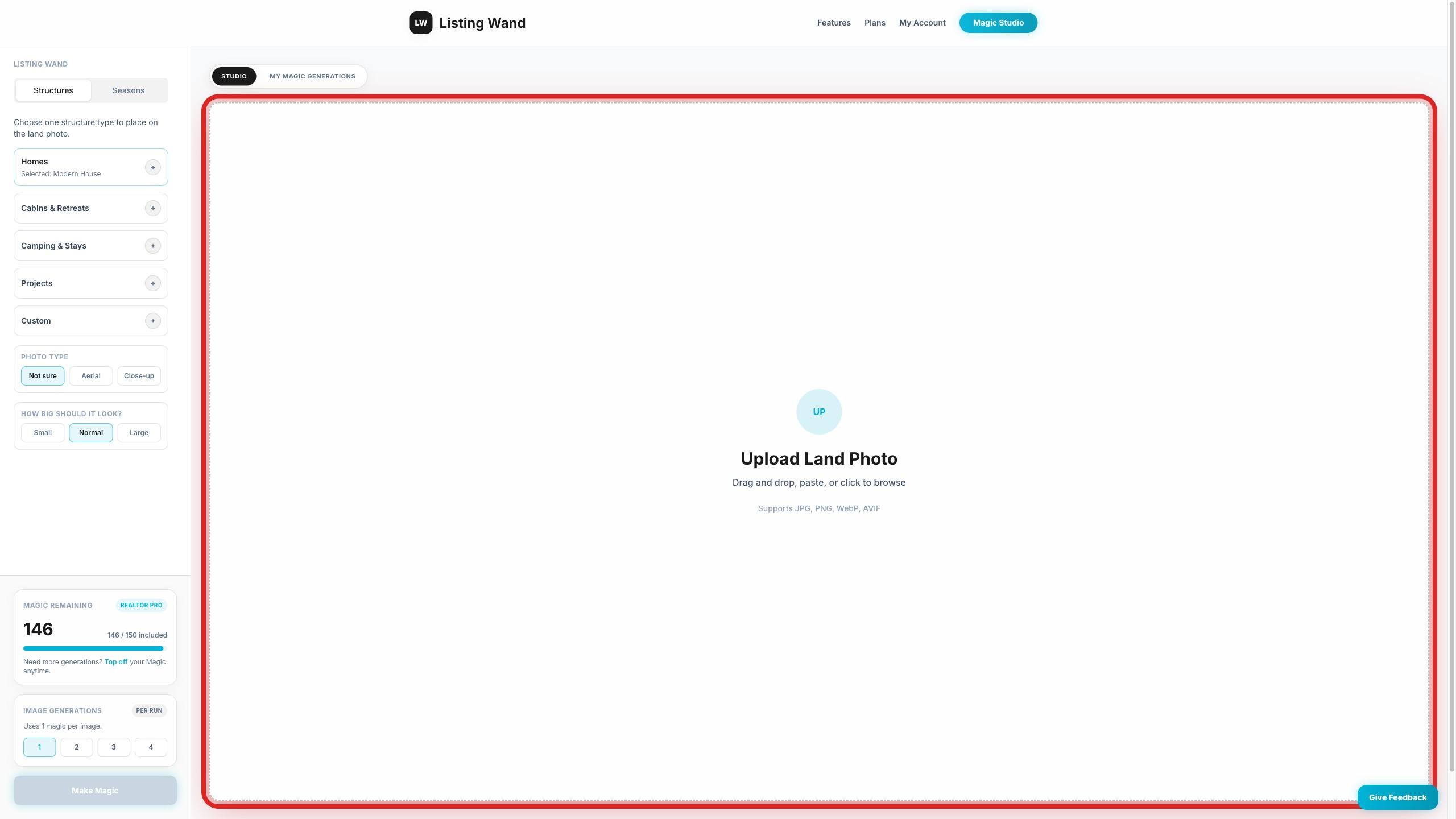 Magic Studio showing the land photo upload area.