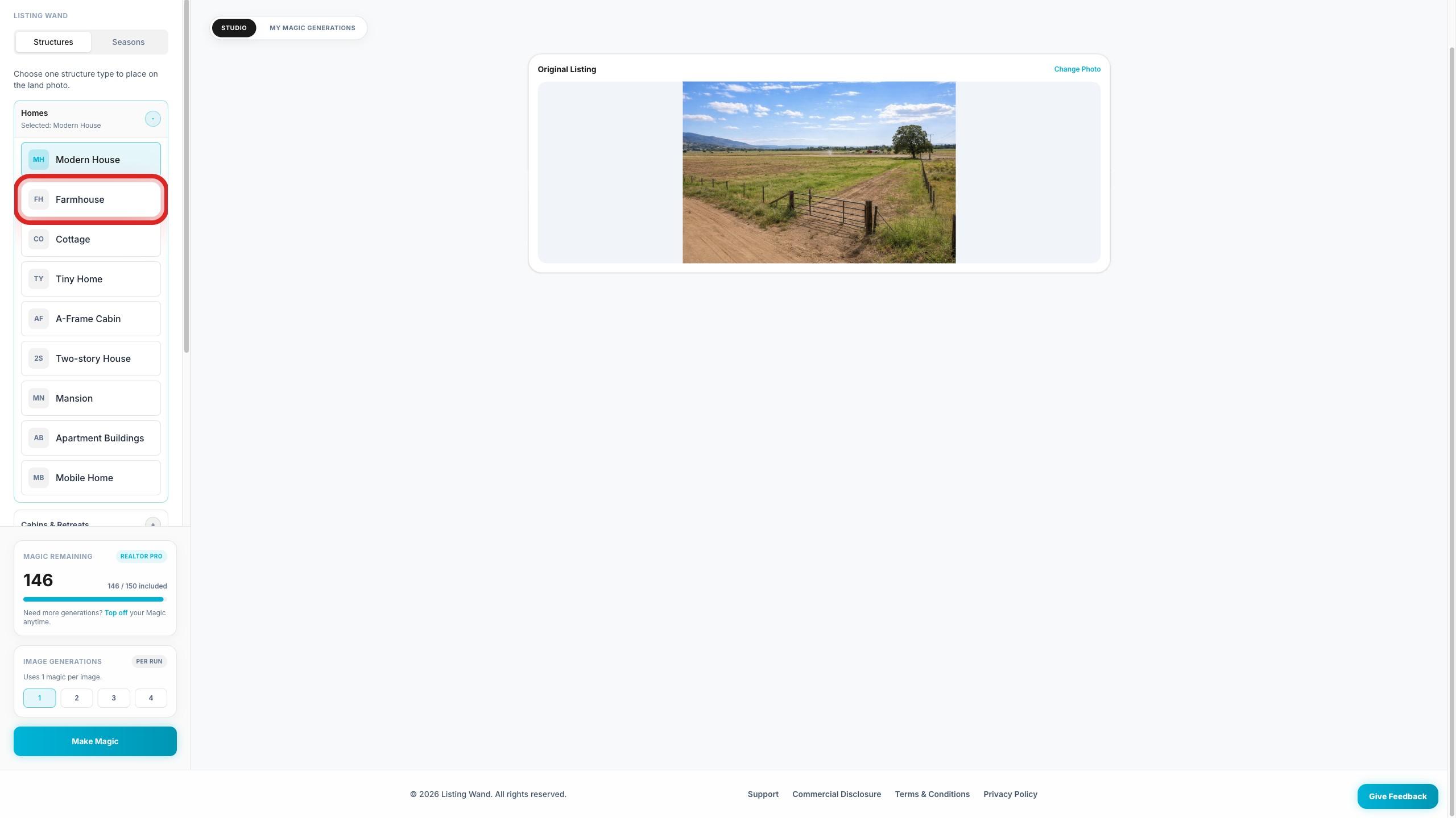 Magic Studio showing the Farmhouse structure option highlighted.