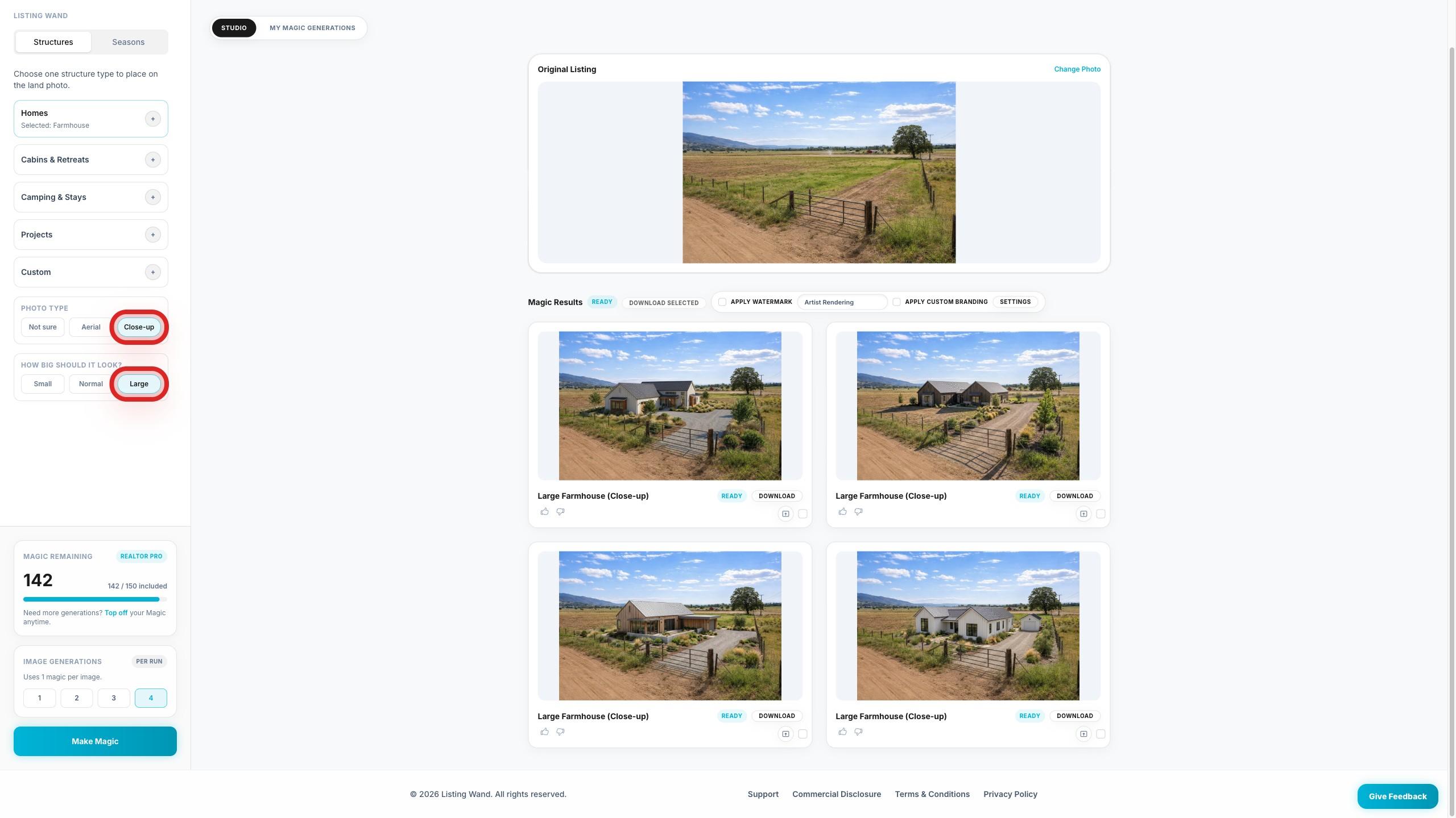 Magic Studio showing Close-up photo type and Large size highlighted.