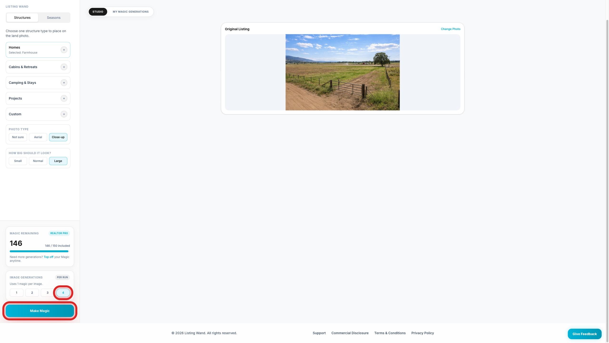 Magic Studio showing Image Generations set to 4 and Make Magic highlighted.