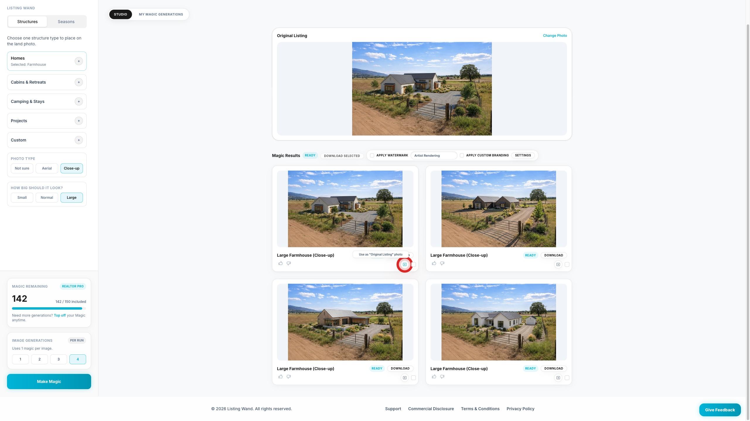 Magic Studio showing the Use as Original Listing button and the updated Original Listing preview highlighted.