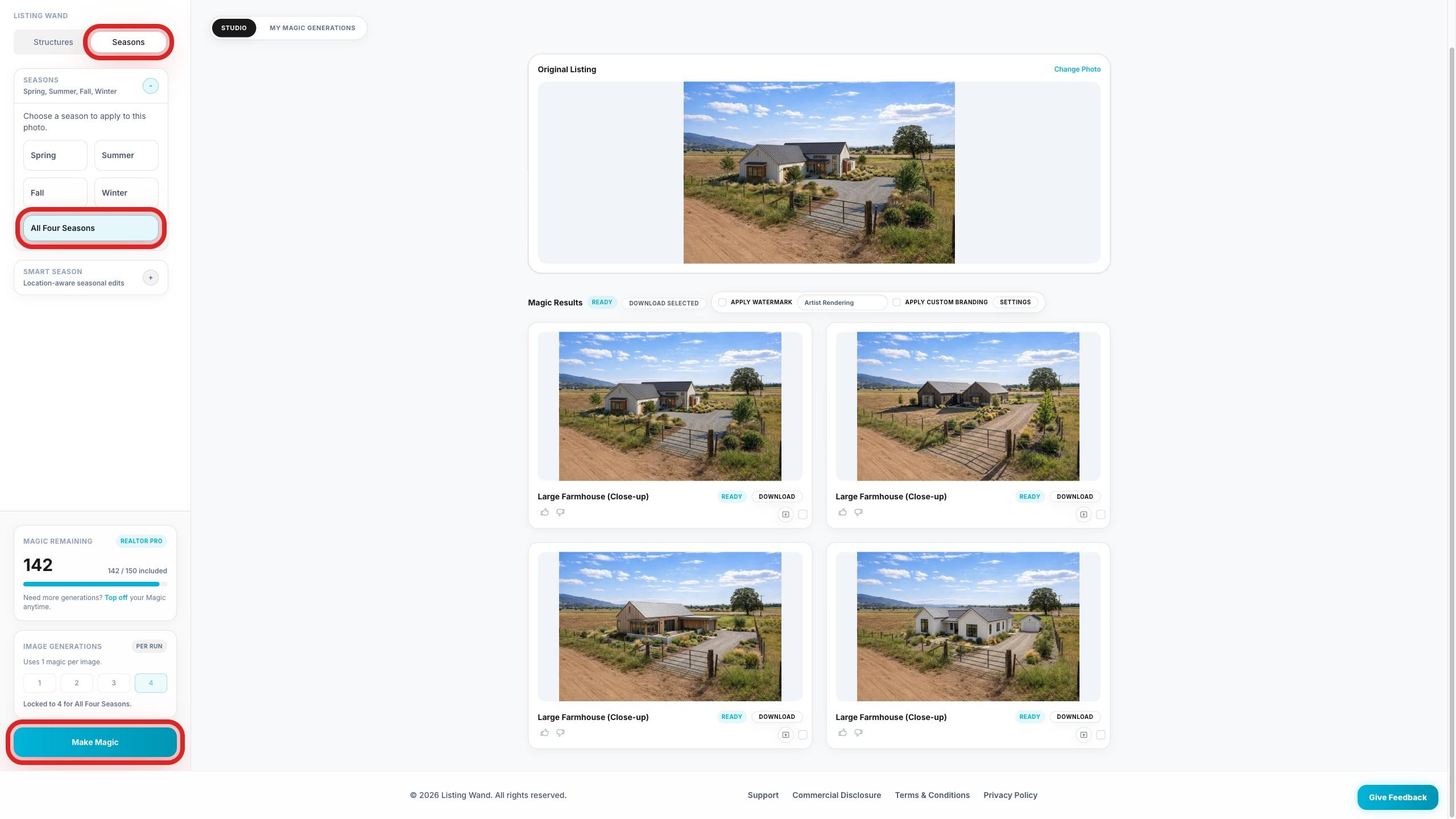 Magic Studio showing Seasons and All Four Seasons highlighted with Make Magic.
