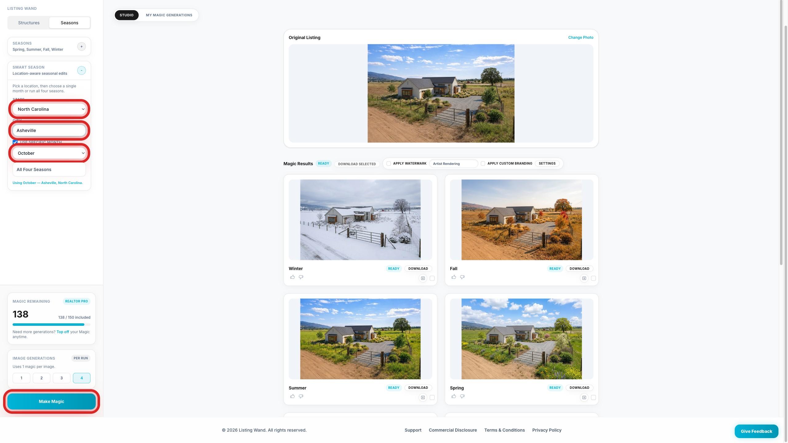 Smart Season settings showing Country, Region, City, and Month highlighted with Make Magic.