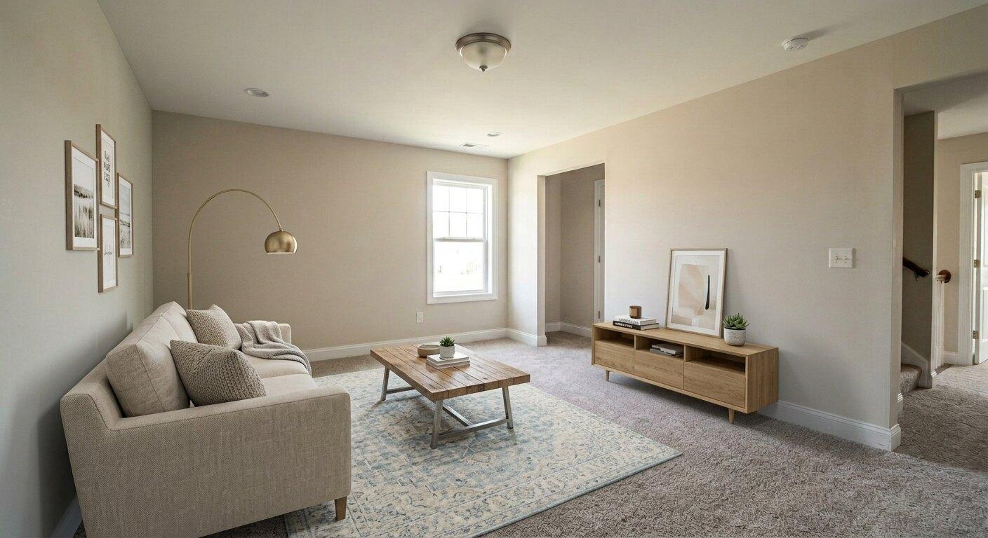 After virtual staging: bonus room staged with sofa, media console, rug, coffee table, and decor