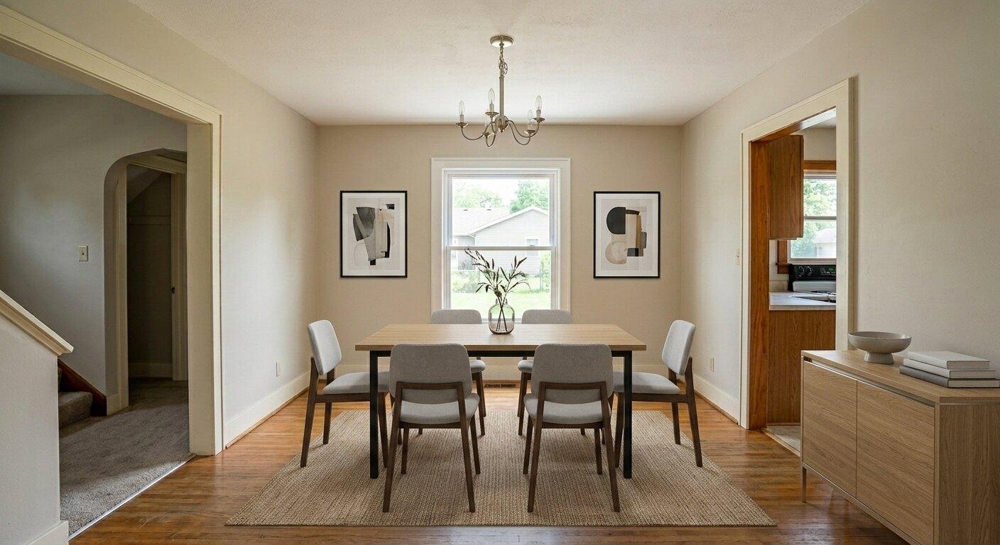 After virtual staging: empty dining room furnished with table, chairs, rug, sideboard, wall art, and centerpiece