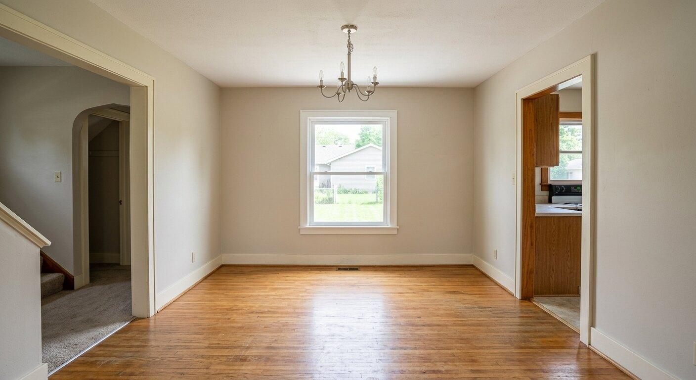 Before virtual staging: empty dining room with wood floors, window, doorway, and chandelier