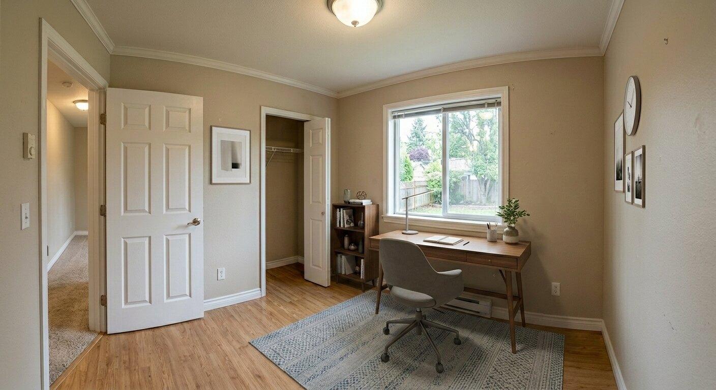 After virtual staging: flex room staged as a home office with desk, chair, rug, shelving, and decor
