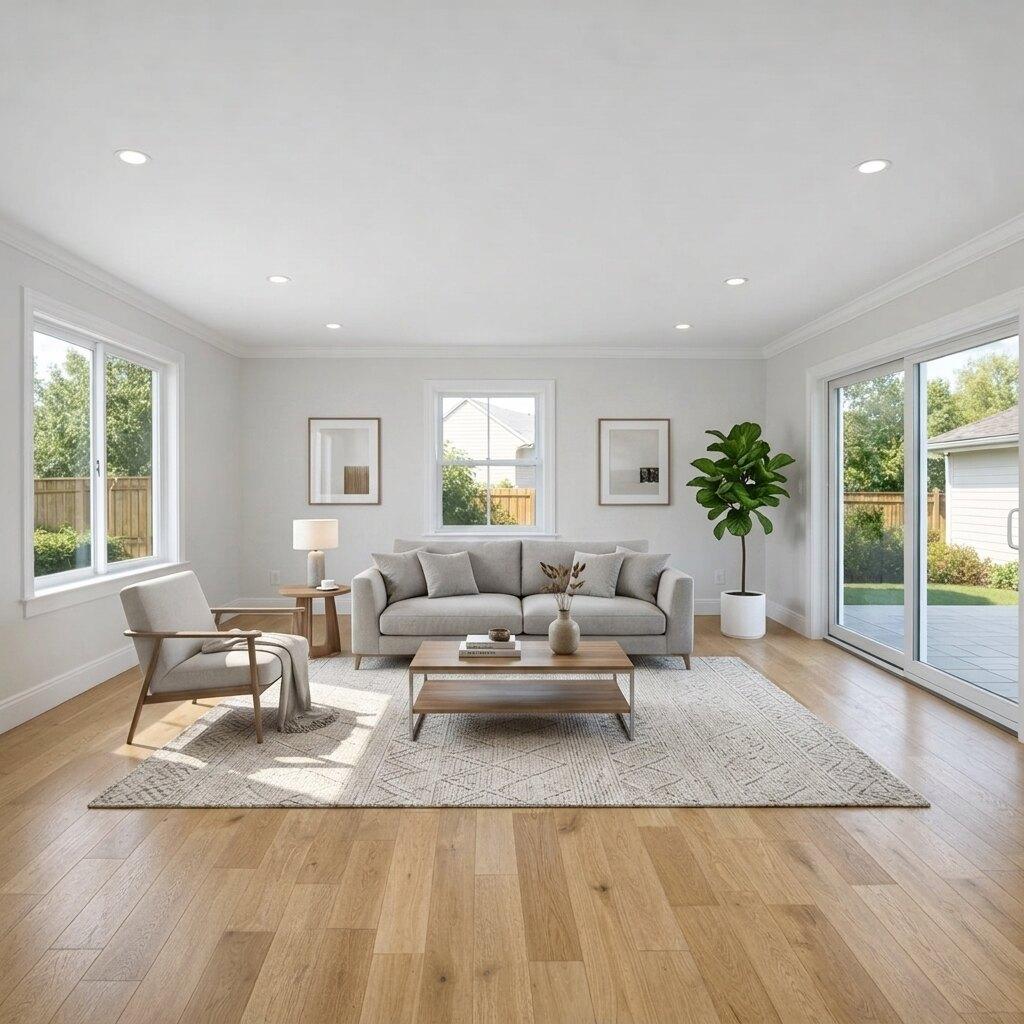 After virtual staging: empty living room furnished with sofa, chair, rug, coffee table, and decor