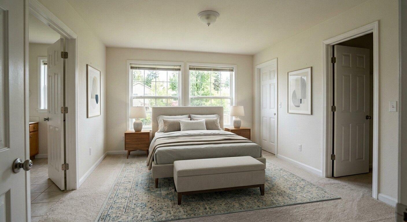 After virtual staging: primary bedroom furnished with bed, nightstands, rug, bench, and wall art
