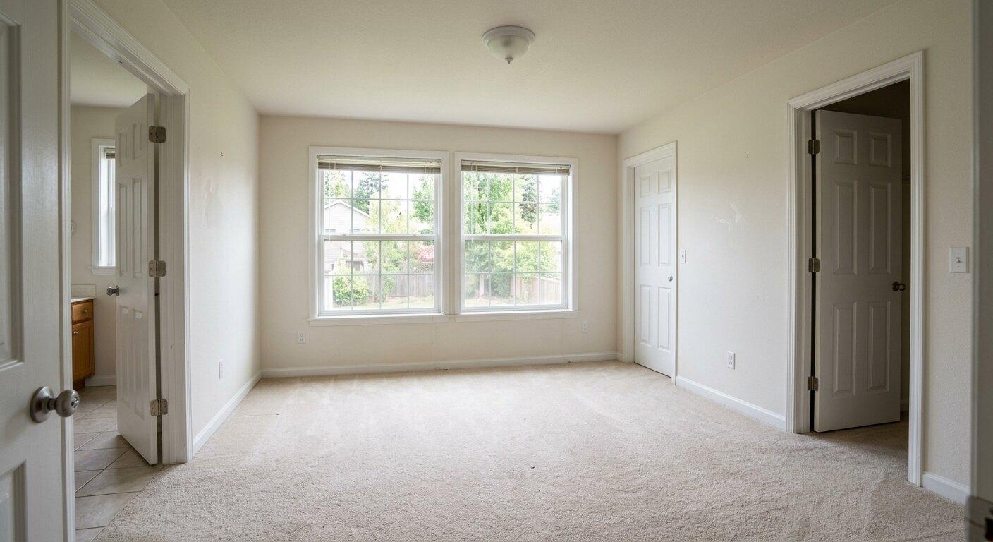 Before virtual staging: empty primary bedroom with window, carpet, closet, and doorway