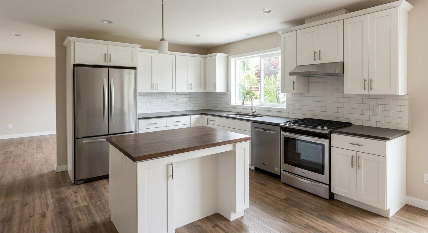 Before virtual staging: empty kitchen with island, white cabinets, wood floors, and stainless appliances