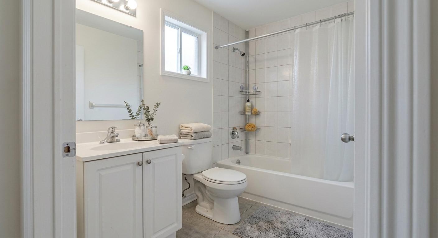 After bathroom staging: bathroom with towels, bath mat, greenery, and simple accessories