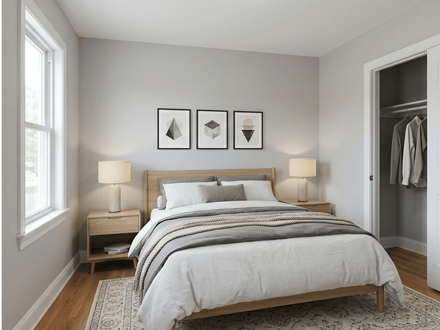 After AI staging: bedroom furnished with bed, nightstands, rug, and decor
