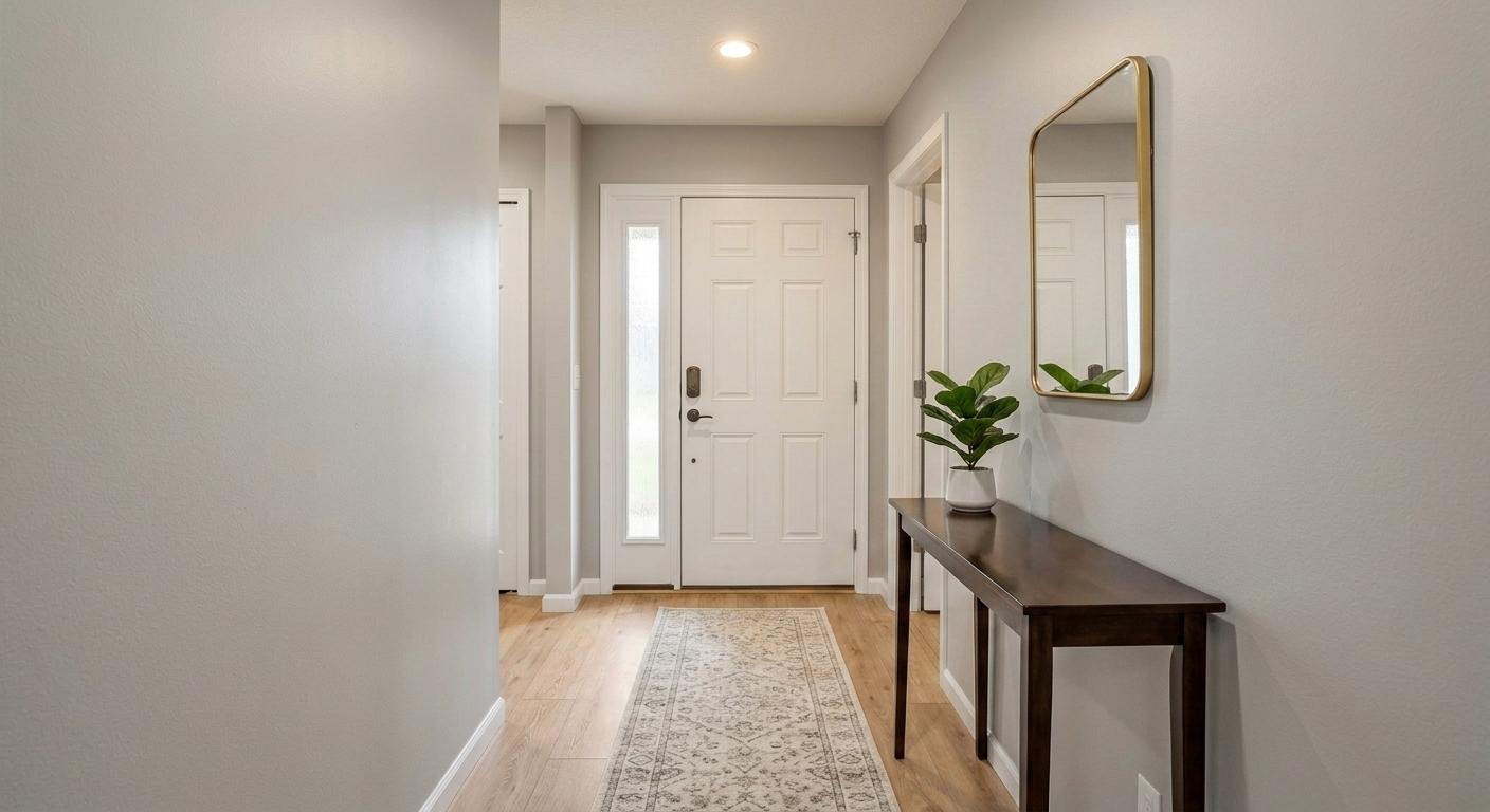After virtual staging: empty entryway staged with console table, mirror, runner, and plant