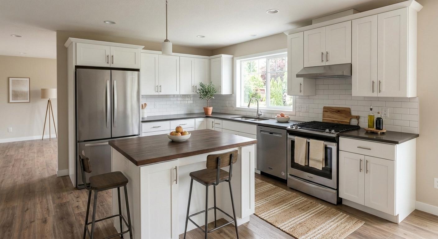After virtual staging: empty kitchen styled with stools, runner, plants, towels, bowls, and counter decor