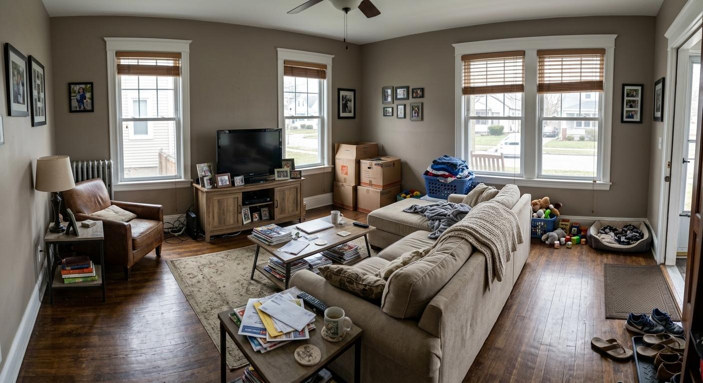 Before AI cleanup: lived-in room with clutter and personal items