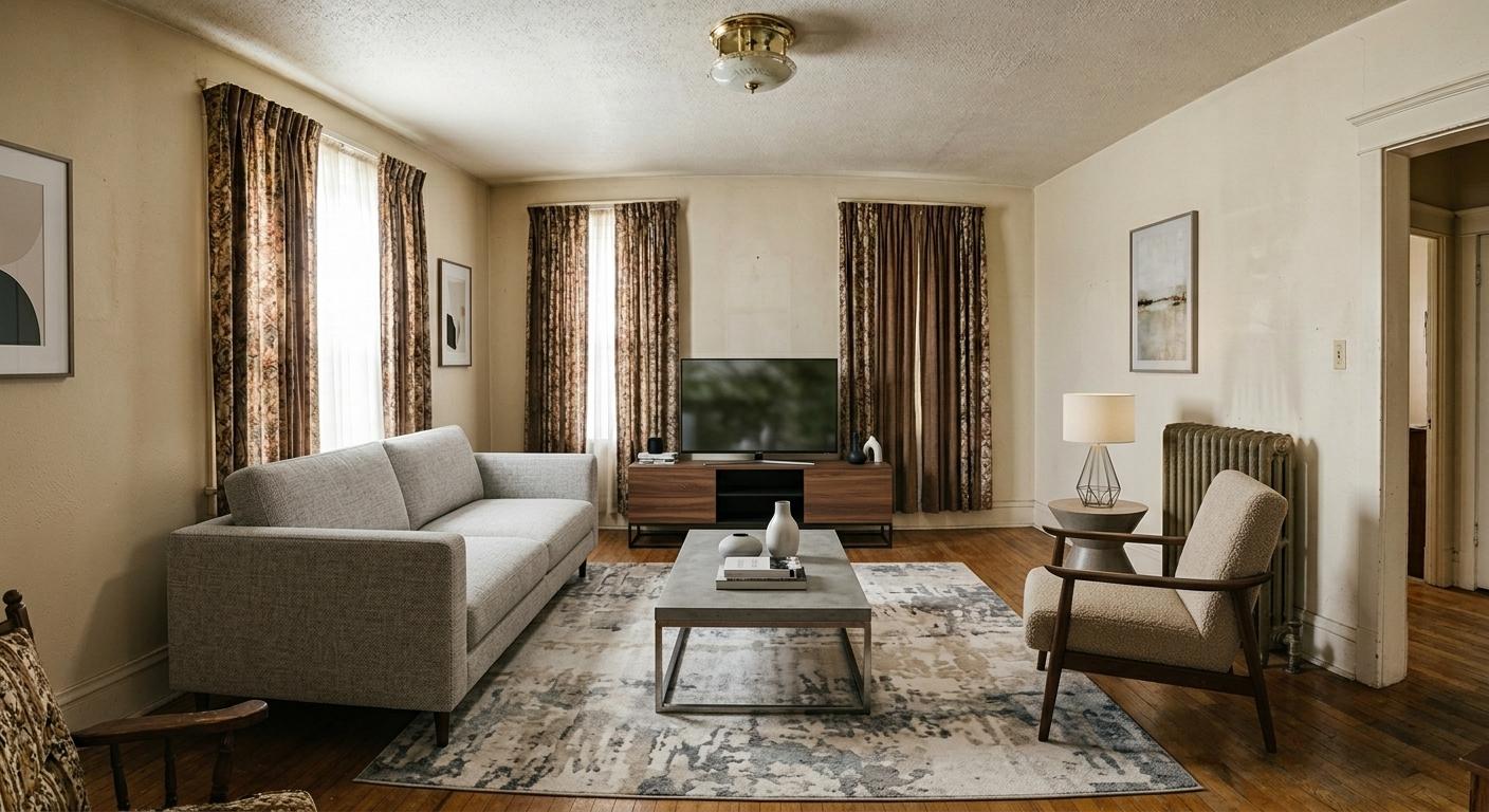 After virtual staging: refreshed living room with modern furniture
