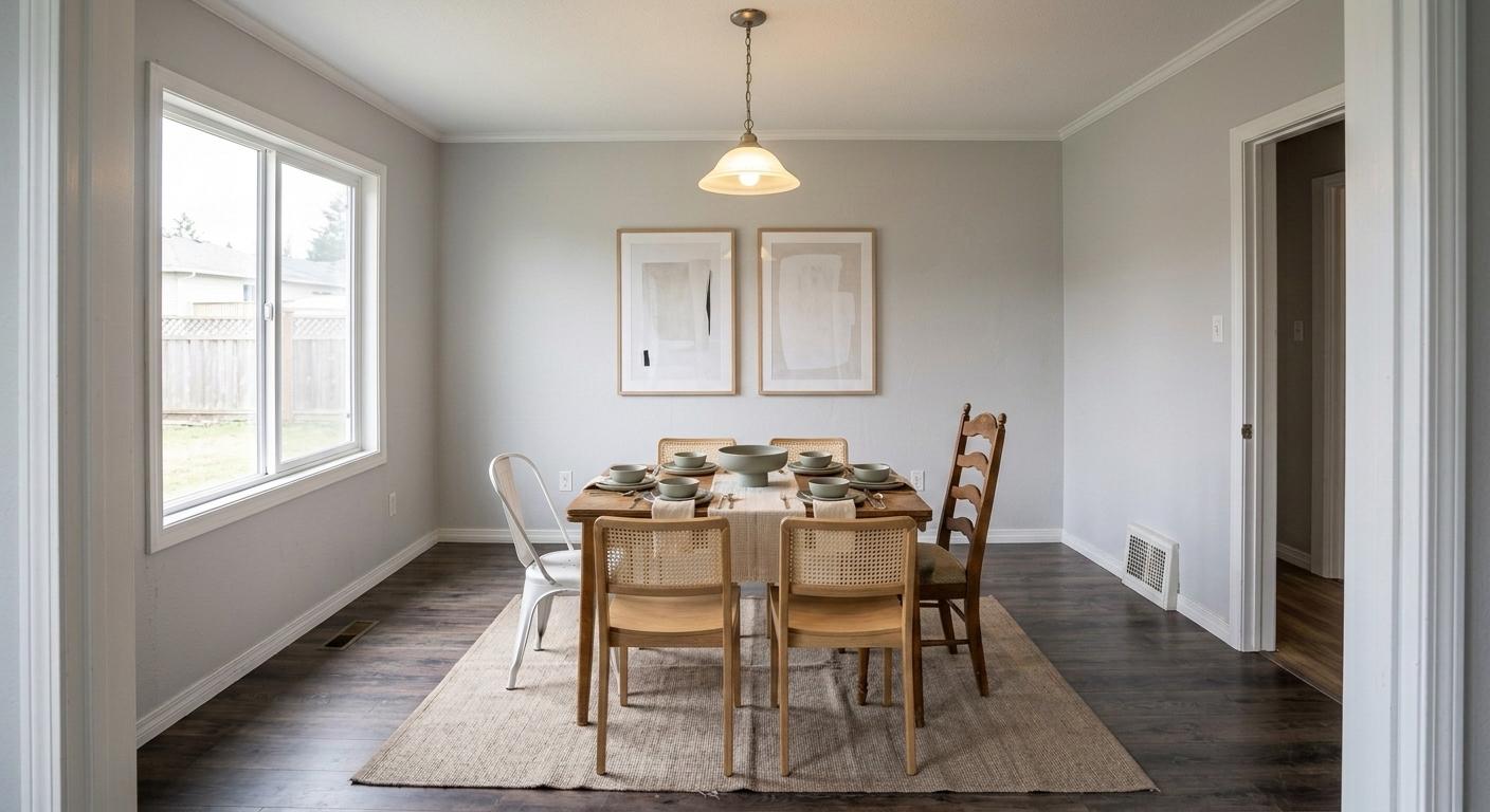 After virtual staging: dining room completed with chairs, table setting, art, and decor