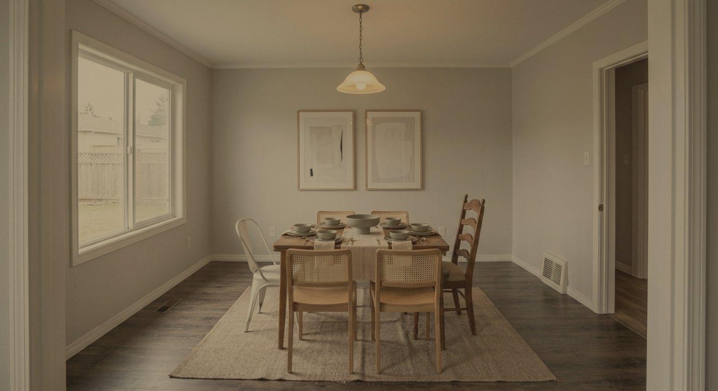 Before room stylize: dim dining room photo with warm color cast