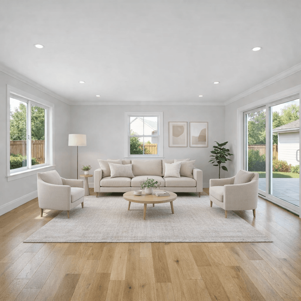 After virtual staging: furnished room photo for a real estate listing