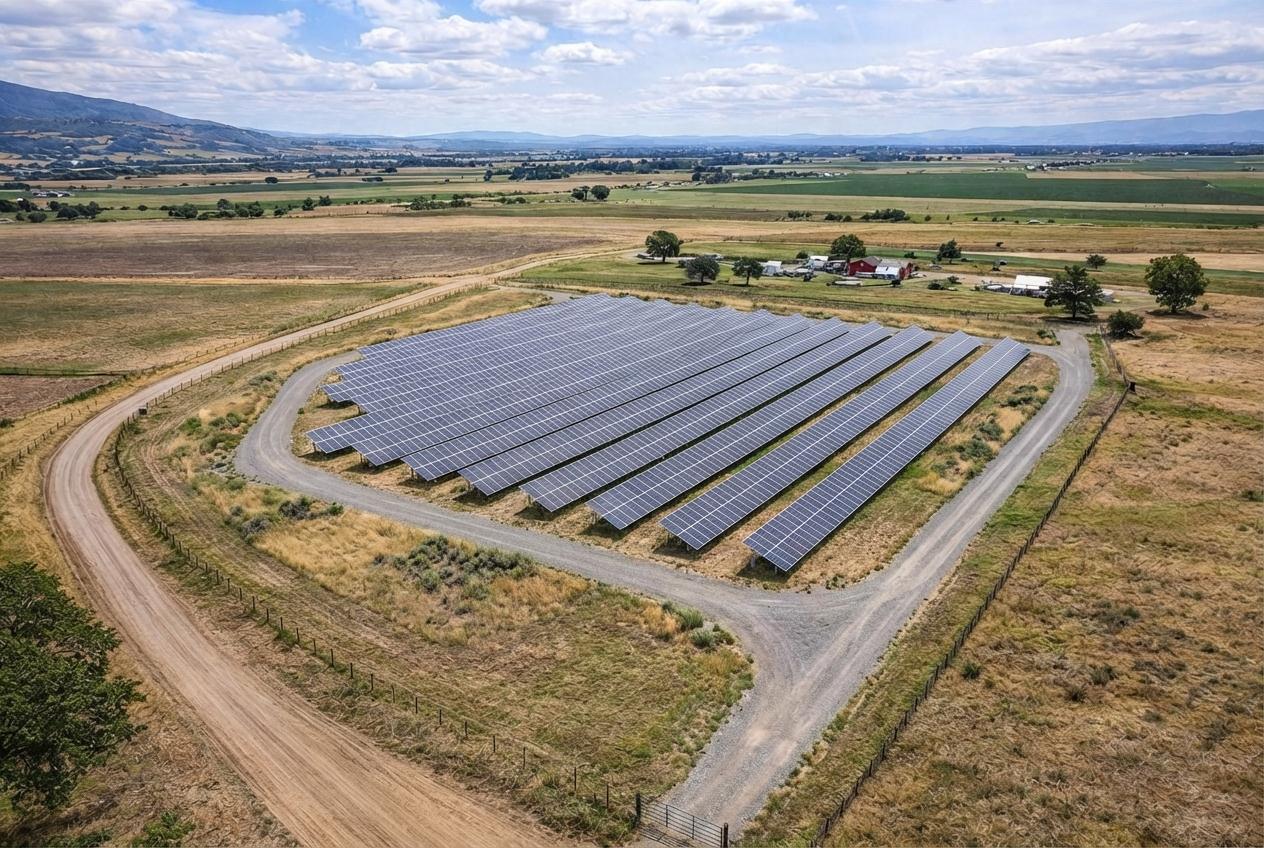 AI concept visualization showing a possible solar farm layout on open acreage.