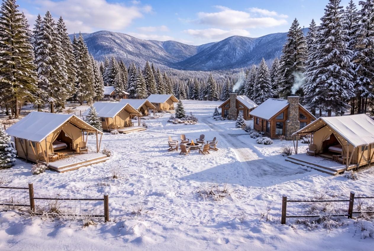 AI cabin and glamping concept visualization for mountain land.