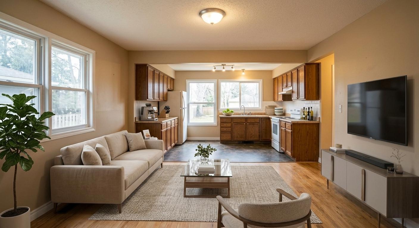 AI real estate photo example showing a brightened and virtually staged open-plan living room and kitchen.