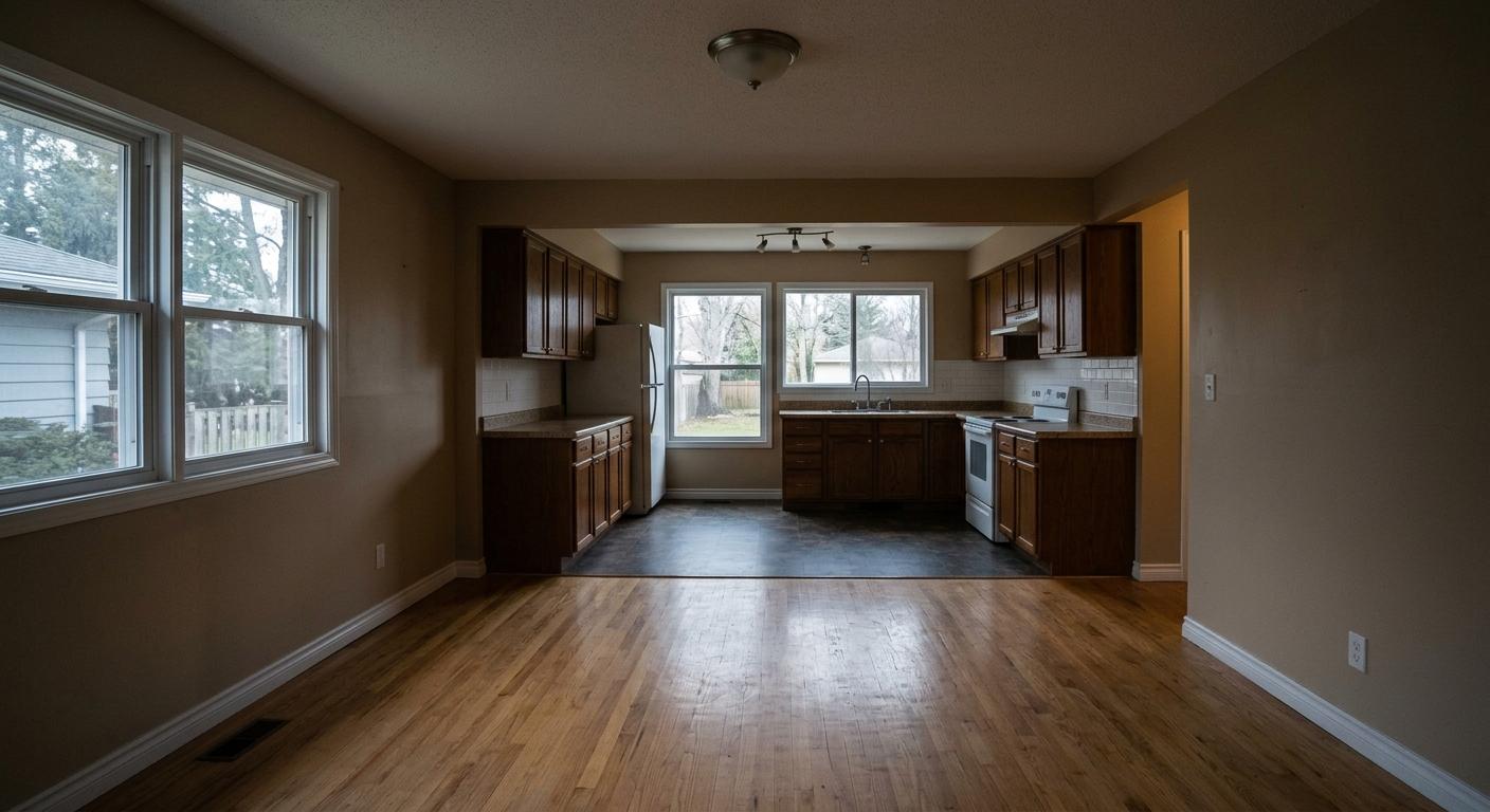 Original dim, empty open-plan living and kitchen photo before virtual staging.