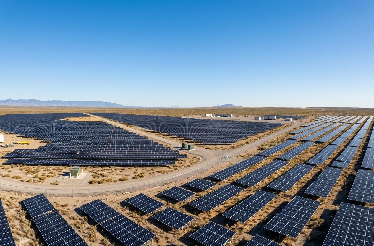 AI real estate photo example showing solar farm concept visualization for vacant desert land.