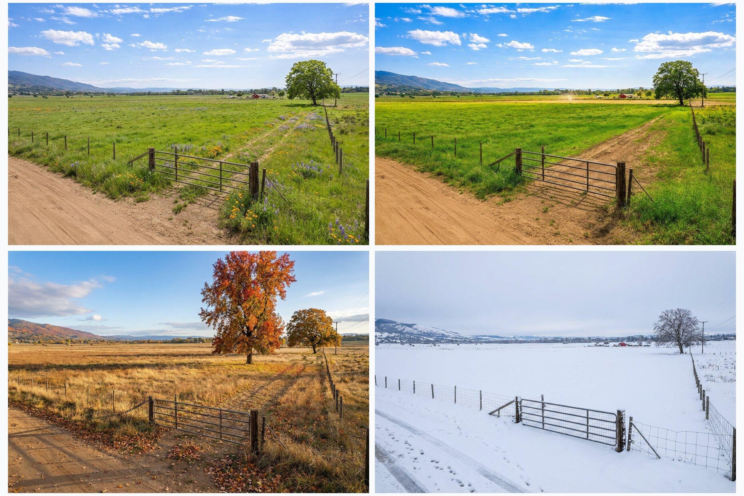 AI four-season visualization for a vacant land listing.
