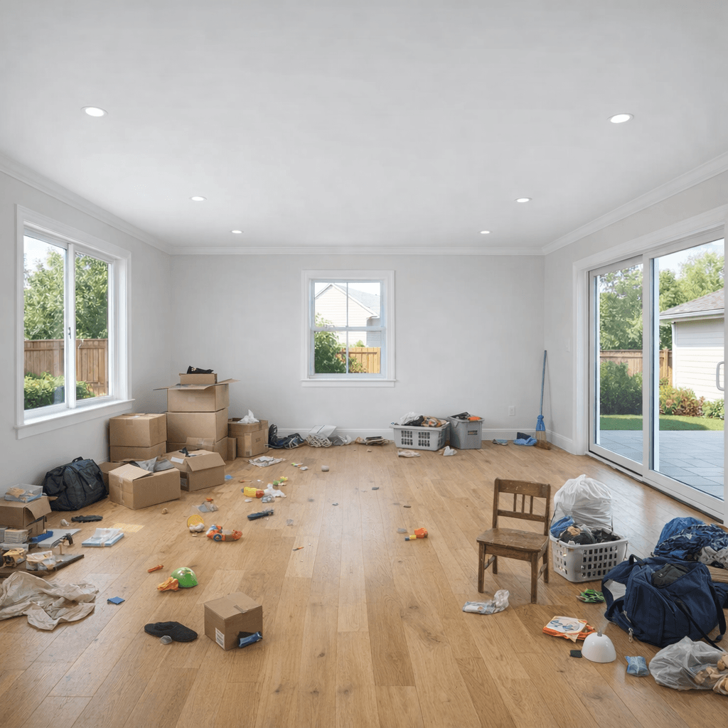 Original cluttered living room listing photo before AI cleanup.